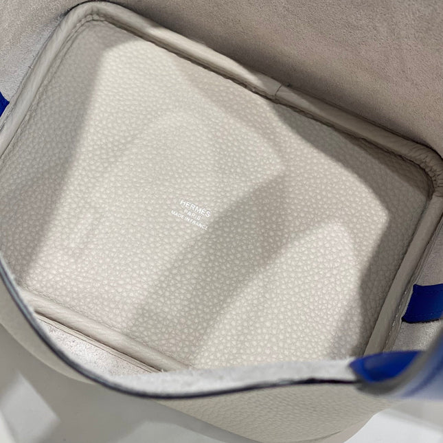 HERMES 25S PICOTIN LOCK 18 IN PEARL GRAY AND ELECTRIC BLUE CALFSKIN SILVER HARDWARE