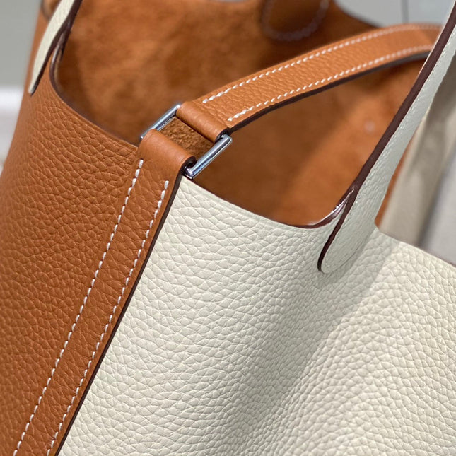 HERMES 25S PICOTIN LOCK 18 IN WHITE AND BROWN CALFSKIN SILVER HARDWARE