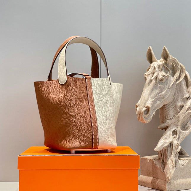 HERMES 25S PICOTIN LOCK 18 IN WHITE AND BROWN CALFSKIN SILVER HARDWARE