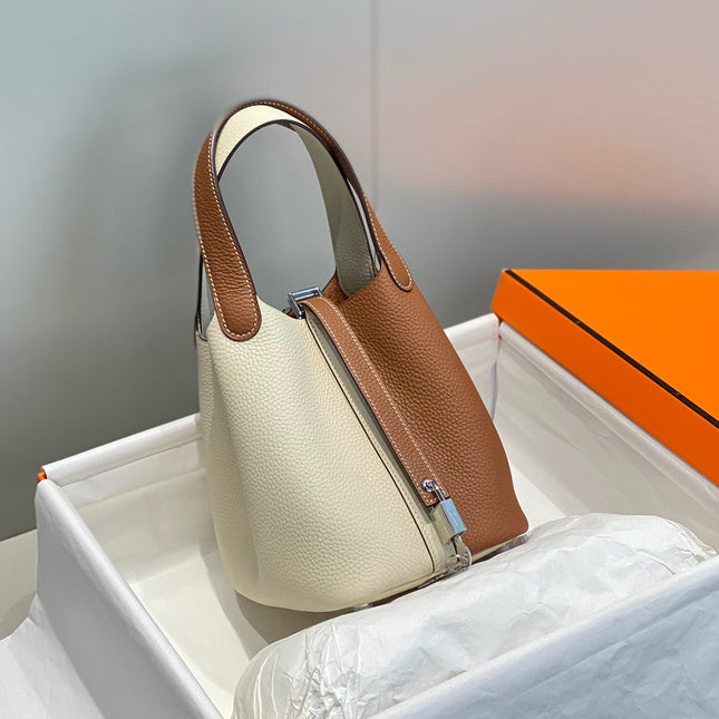 HERMES 25S PICOTIN LOCK 18 IN WHITE AND BROWN CALFSKIN SILVER HARDWARE