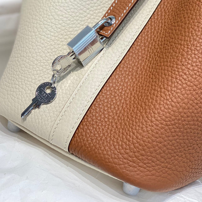 HERMES 25S PICOTIN LOCK 18 IN WHITE AND BROWN CALFSKIN SILVER HARDWARE