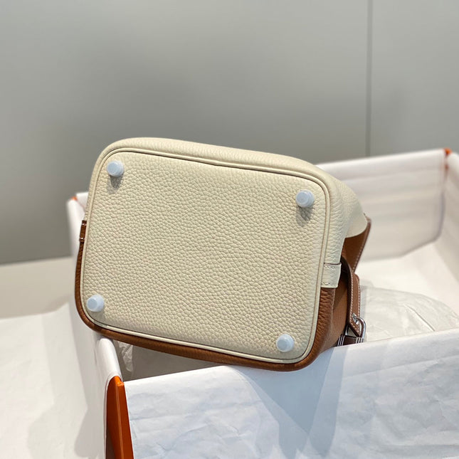 HERMES 25S PICOTIN LOCK 18 IN WHITE AND BROWN CALFSKIN SILVER HARDWARE