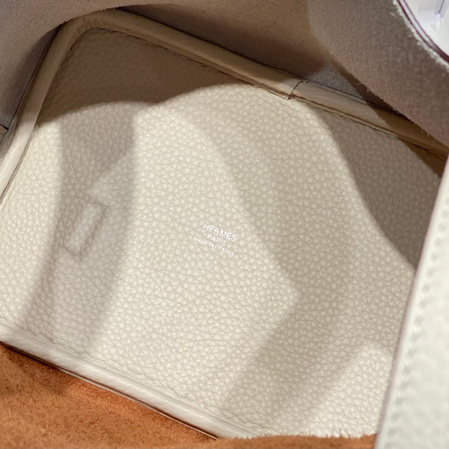 HERMES 25S PICOTIN LOCK 18 IN WHITE AND BROWN CALFSKIN SILVER HARDWARE