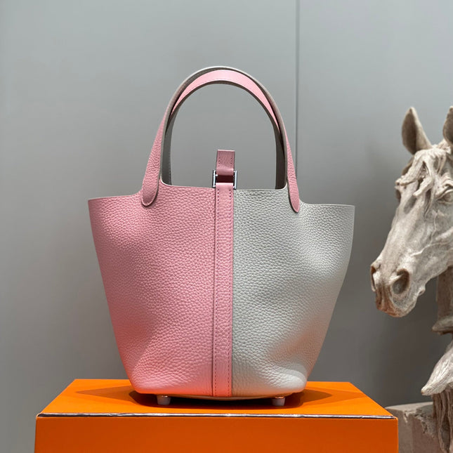 HERMES 25S PICOTIN LOCK 18 IN PINK AND LIGHT GRAY CALFSKIN SILVER HARDWARE