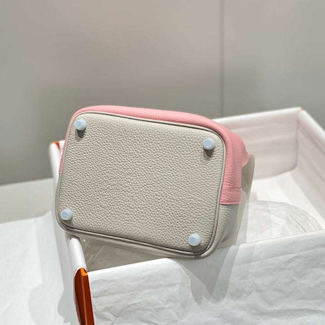 HERMES 25S PICOTIN LOCK 18 IN PINK AND LIGHT GRAY CALFSKIN SILVER HARDWARE