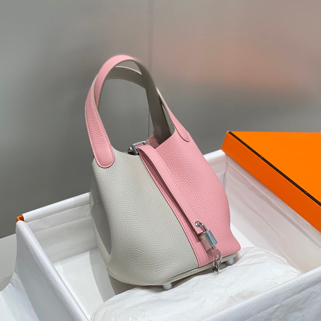 HERMES 25S PICOTIN LOCK 18 IN PINK AND LIGHT GRAY CALFSKIN SILVER HARDWARE