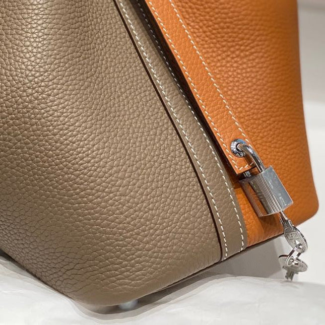 HERMES 25S PICOTIN LOCK 18 IN BROWN AND ORANGE COMBINATION CALFSKIN SILVER HARDWARE