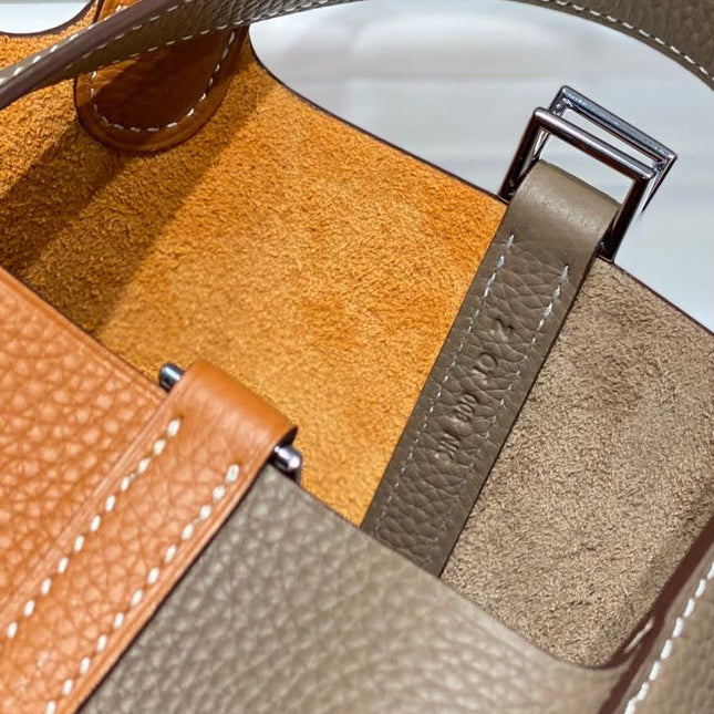 HERMES 25S PICOTIN LOCK 18 IN BROWN AND ORANGE COMBINATION CALFSKIN SILVER HARDWARE