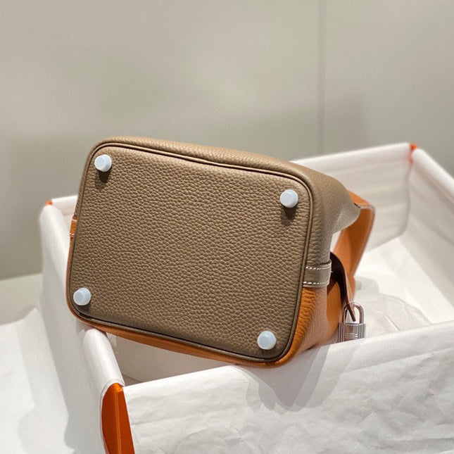 HERMES 25S PICOTIN LOCK 18 IN BROWN AND ORANGE COMBINATION CALFSKIN SILVER HARDWARE