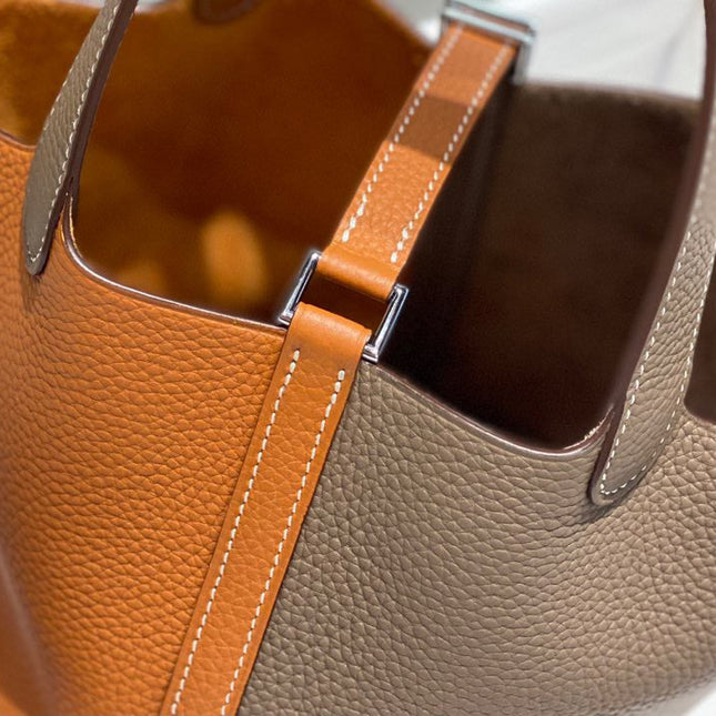 HERMES 25S PICOTIN LOCK 18 IN BROWN AND ORANGE COMBINATION CALFSKIN SILVER HARDWARE