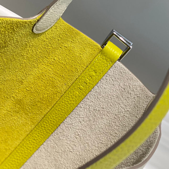 HERMES 25S PICOTIN LOCK 18 IN WHITE AND LEMON YELLOW CALFSKIN SILVER HARDWARE