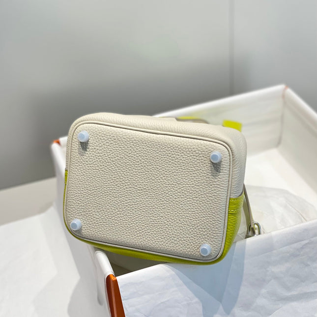 HERMES 25S PICOTIN LOCK 18 IN WHITE AND LEMON YELLOW CALFSKIN SILVER HARDWARE