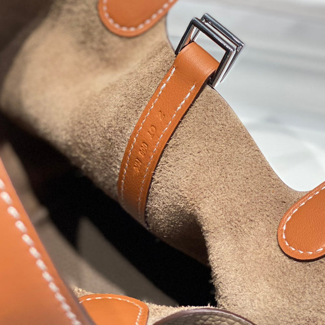 HERMES 25S PICOTIN LOCK 18 IN BURNT ORANGE AND BROWN CALFSKIN SILVER HARDWARE