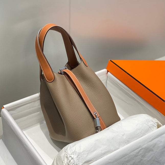 HERMES 25S PICOTIN LOCK 18 IN BURNT ORANGE AND BROWN CALFSKIN SILVER HARDWARE