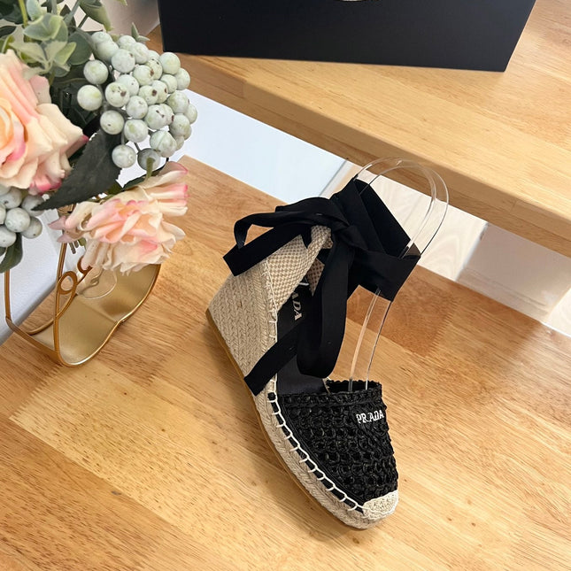 PRADA 26S ESPADRILLE HIGH HEEL SANDALS IN BLACK RAFFIA