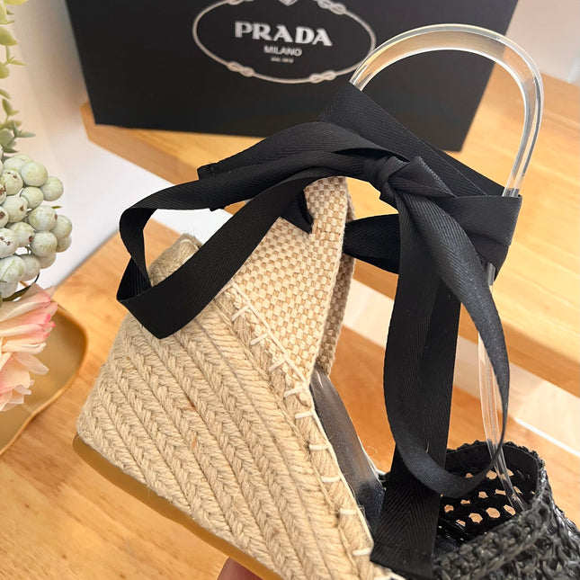 PRADA 26S ESPADRILLE HIGH HEEL SANDALS IN BLACK RAFFIA