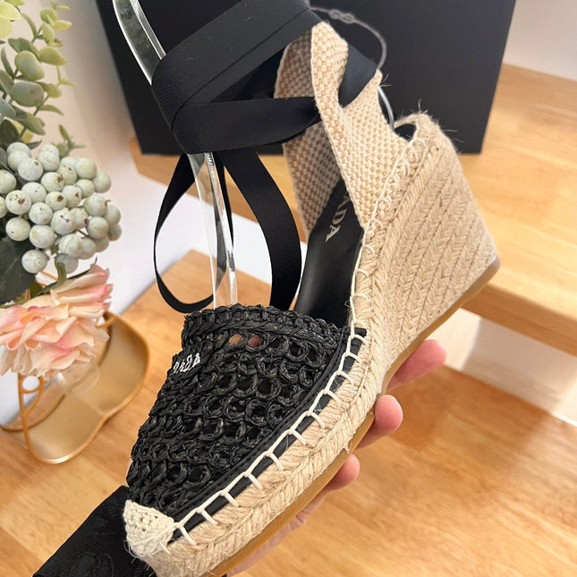 PRADA 26S ESPADRILLE HIGH HEEL SANDALS IN BLACK RAFFIA