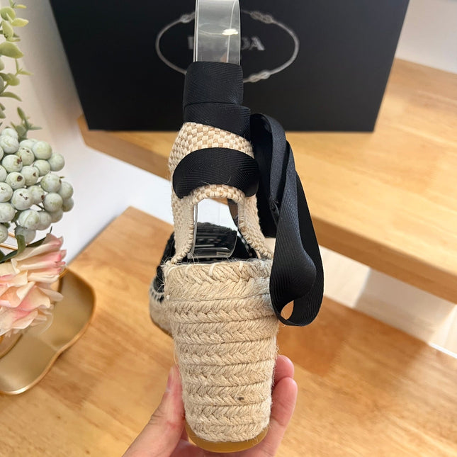 PRADA 26S ESPADRILLE HIGH HEEL SANDALS IN BLACK RAFFIA