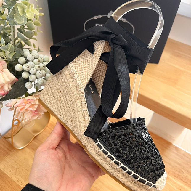 PRADA 26S ESPADRILLE HIGH HEEL SANDALS IN BLACK RAFFIA