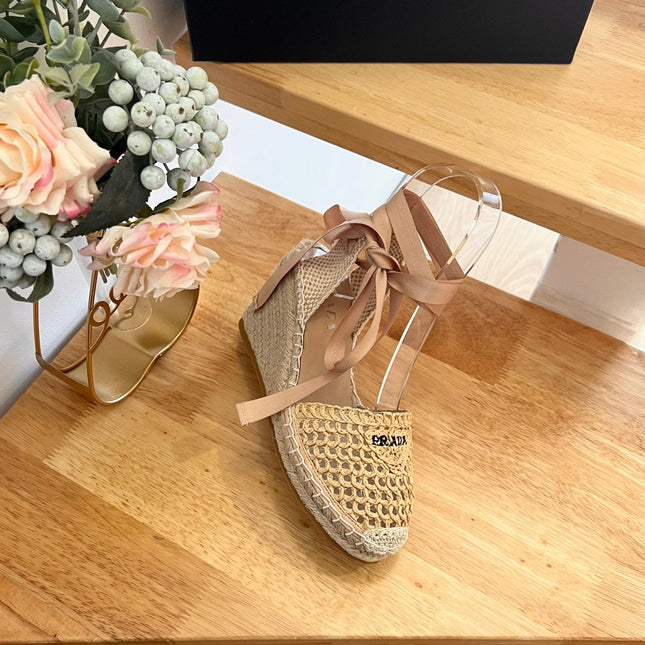 PRADA 26S ESPADRILLE HIGH HEEL SANDALS IN BEIGE RAFFIA