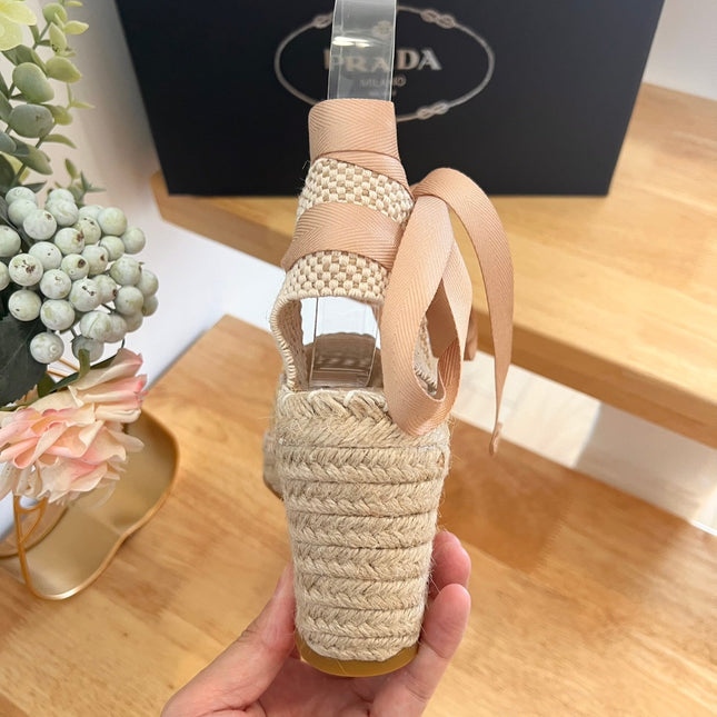 PRADA 26S ESPADRILLE HIGH HEEL SANDALS IN BEIGE RAFFIA