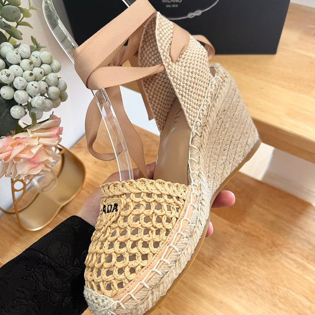 PRADA 26S ESPADRILLE HIGH HEEL SANDALS IN BEIGE RAFFIA