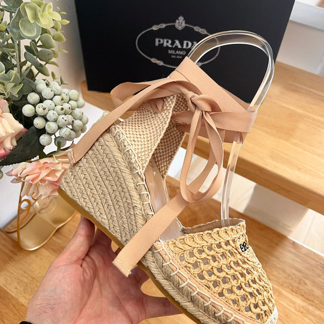 PRADA 26S ESPADRILLE HIGH HEEL SANDALS IN BEIGE RAFFIA
