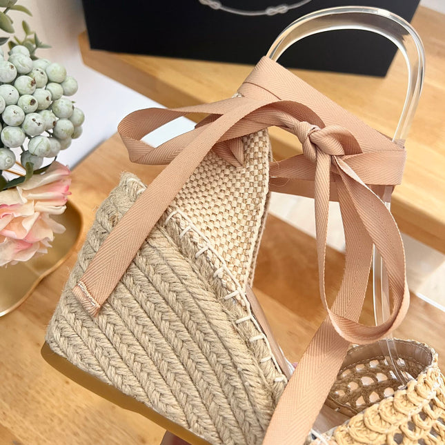 PRADA 26S ESPADRILLE HIGH HEEL SANDALS IN BEIGE RAFFIA