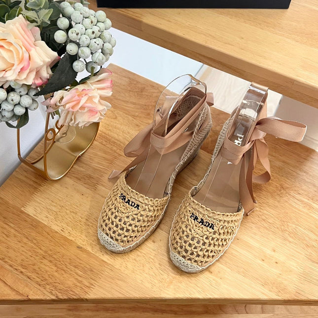 PRADA 26S ESPADRILLE HIGH HEEL SANDALS IN BEIGE RAFFIA