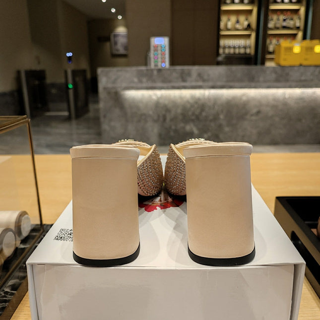 PRADA 26S OPEN TOE CRYSTAL EMBELLISHED MULES 100MM IN BEIGE SATIN