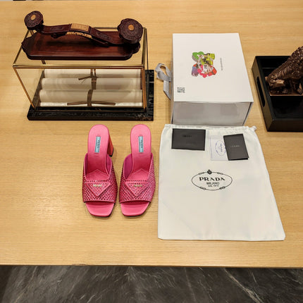 PRADA 26S OPEN TOE CRYSTAL EMBELLISHED MULES 100MM IN FUCHSIA PINK SATIN