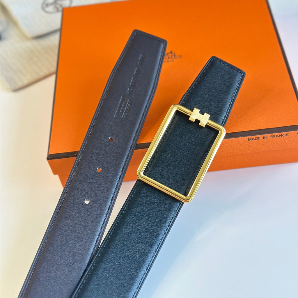 TUBE H BELT BUCKLE & REVERSIBLE BLACK LEATHER STRAP 38MM GOLD HARDWARE