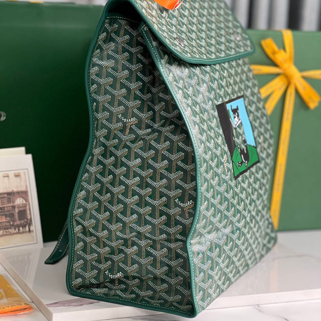 SAINT LÉGER BACKPACK 35 IN GREEN GOYARDINE CANVAS AND CALFSKIN WITH CARTOON PATCH