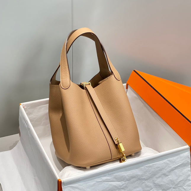 HM PICOTIN LOCK BAG 22 IN BROWN CALFSKIN