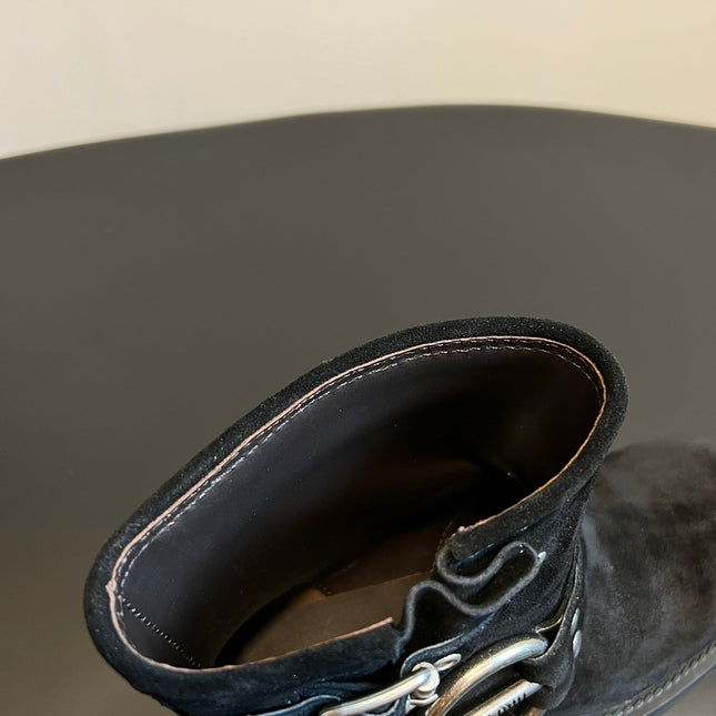 MIUMIU 26S ANKLE BOOTS IN BLACK SUEDE SILVER HARDWARE