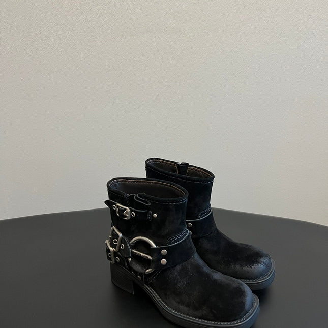 MIUMIU 26S ANKLE BOOTS IN BLACK SUEDE SILVER HARDWARE