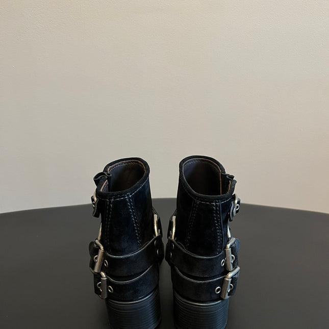 MIUMIU 26S ANKLE BOOTS IN BLACK SUEDE SILVER HARDWARE