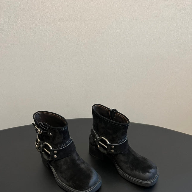 MIUMIU 26S ANKLE BOOTS IN BLACK SUEDE SILVER HARDWARE