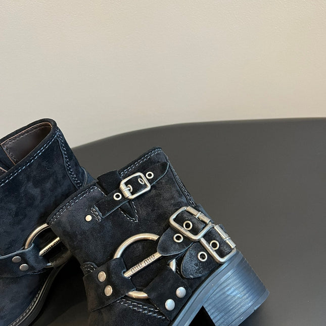 MIUMIU 26S ANKLE BOOTS IN BLACK SUEDE SILVER HARDWARE