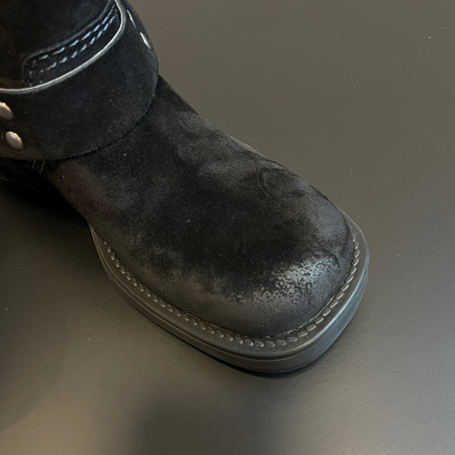 MIUMIU 26S ANKLE BOOTS IN BLACK SUEDE SILVER HARDWARE