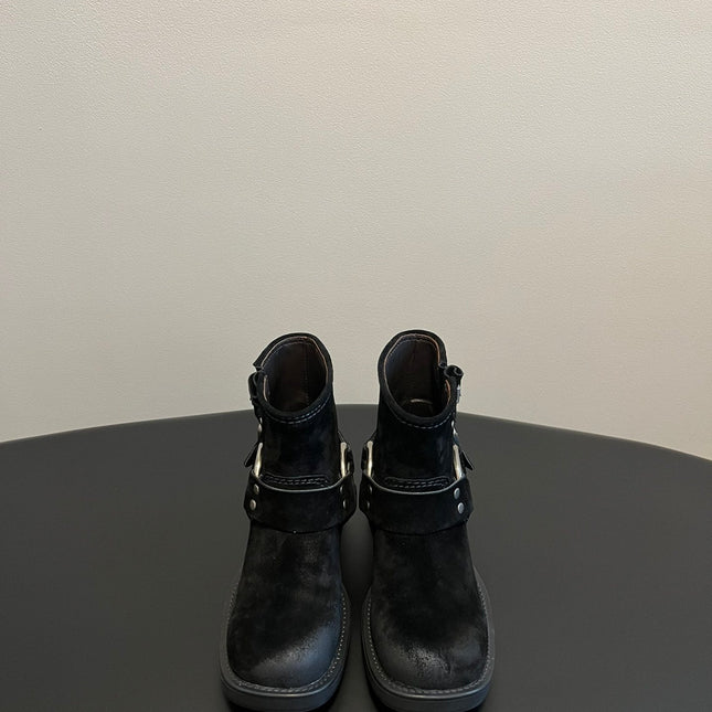 MIUMIU 26S ANKLE BOOTS IN BLACK SUEDE SILVER HARDWARE