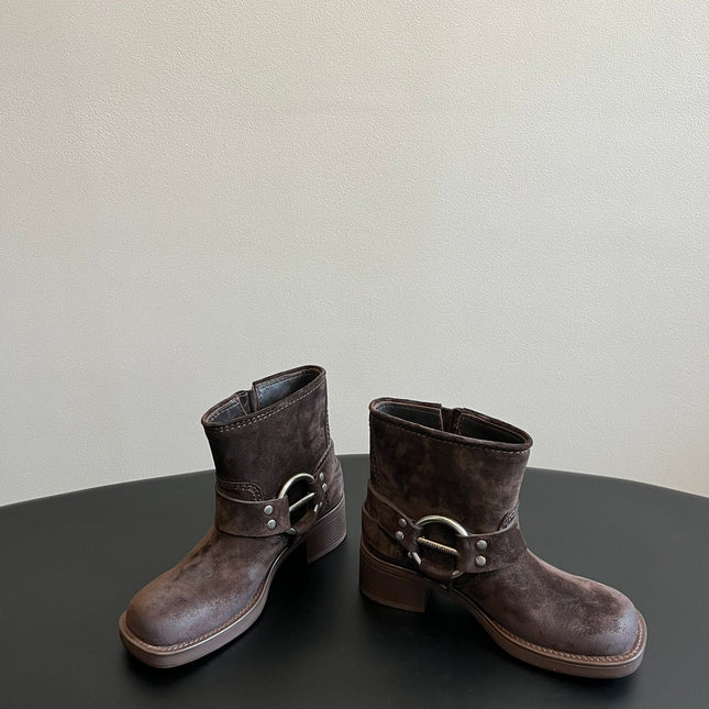 MIUMIU 26S ANKLE BOOTS IN DARK BROWN SUEDE SILVER HARDWARE