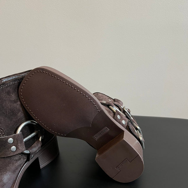 MIUMIU 26S ANKLE BOOTS IN DARK BROWN SUEDE SILVER HARDWARE
