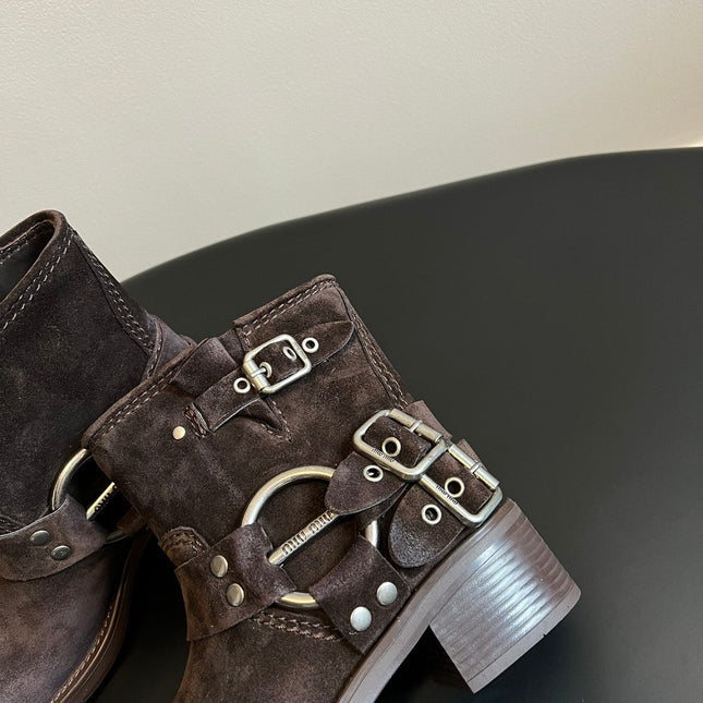 MIUMIU 26S ANKLE BOOTS IN DARK BROWN SUEDE SILVER HARDWARE