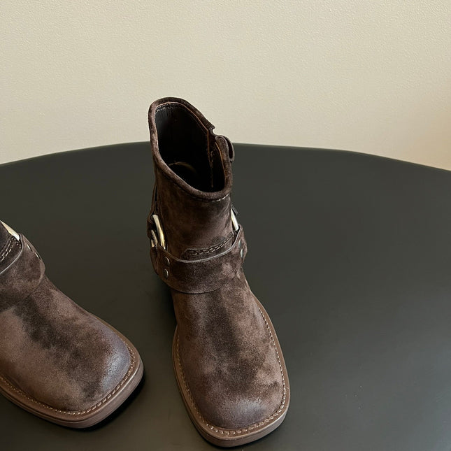 MIUMIU 26S ANKLE BOOTS IN DARK BROWN SUEDE SILVER HARDWARE