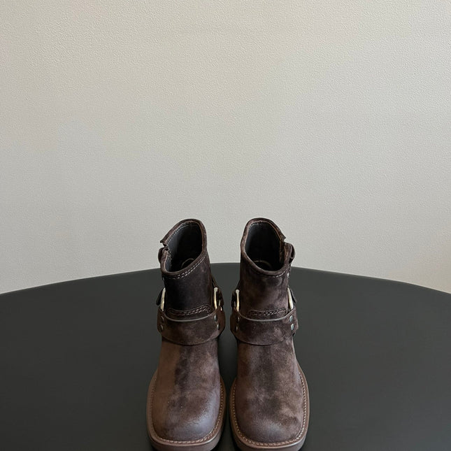 MIUMIU 26S ANKLE BOOTS IN DARK BROWN SUEDE SILVER HARDWARE
