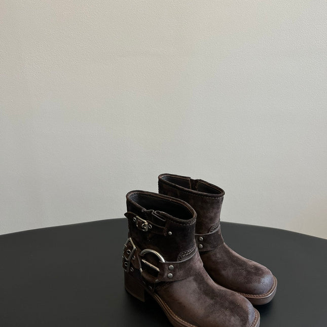 MIUMIU 26S ANKLE BOOTS IN DARK BROWN SUEDE SILVER HARDWARE