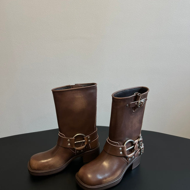 MIUMIU 26S MID-CALF BOOTS IN BROWN CALFSKIN SILVER HARDWARE