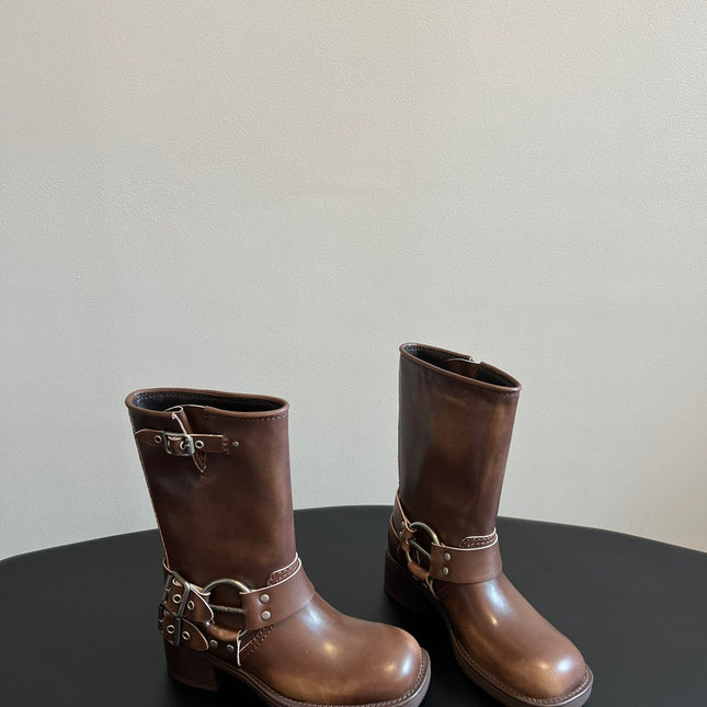 MIUMIU 26S MID-CALF BOOTS IN BROWN CALFSKIN SILVER HARDWARE