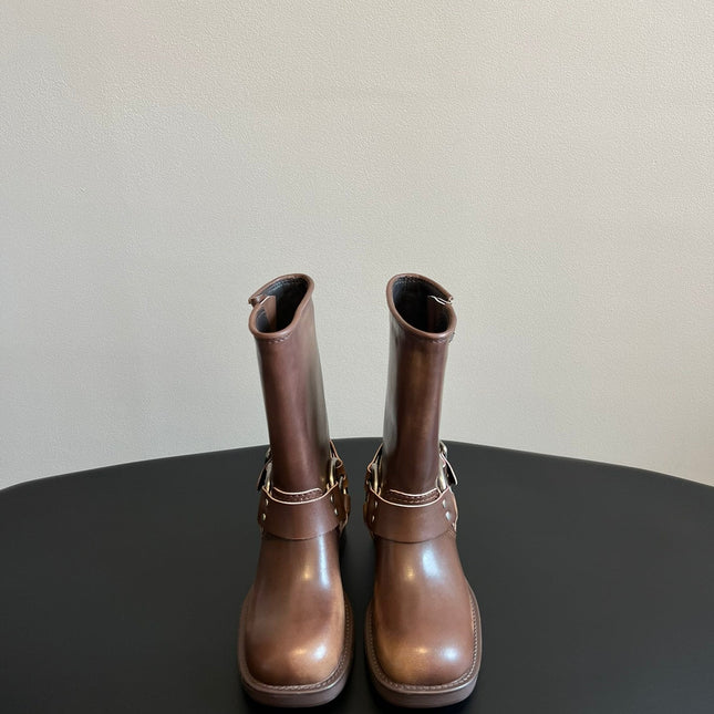 MIUMIU 26S MID-CALF BOOTS IN BROWN CALFSKIN SILVER HARDWARE